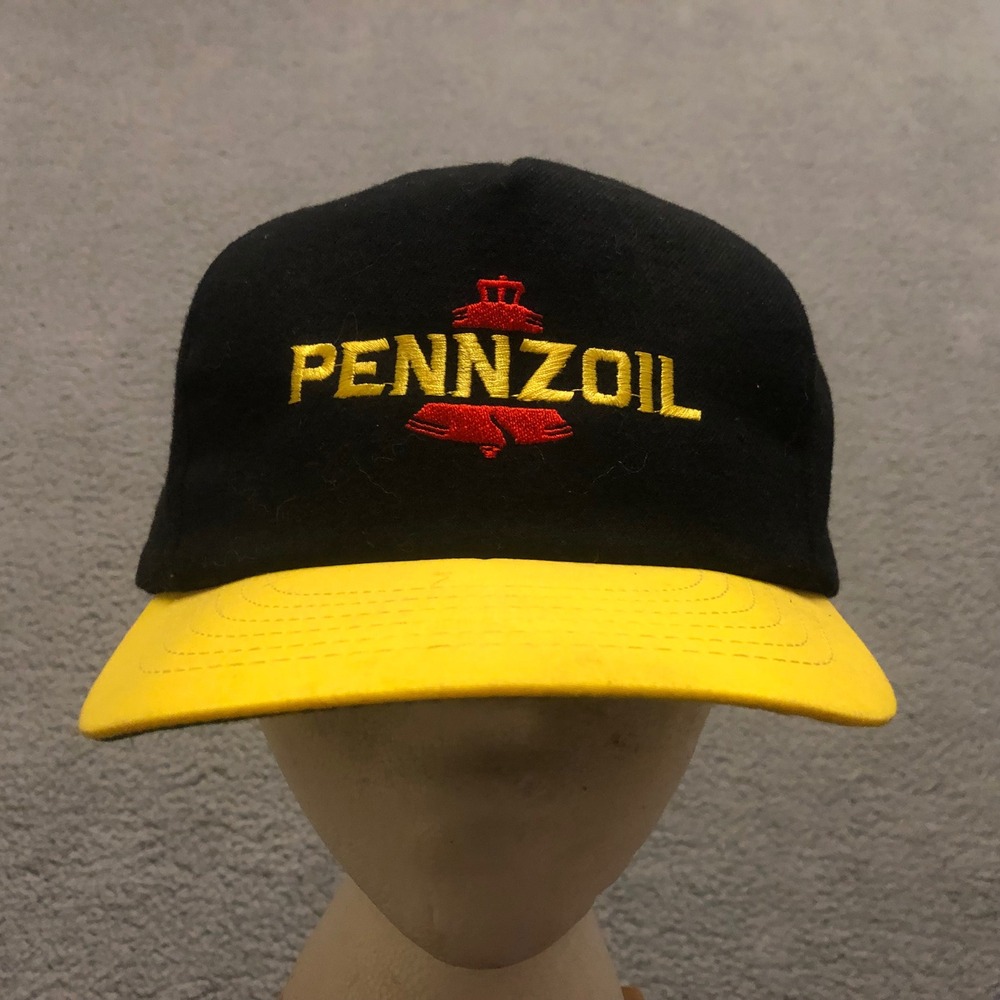 Vintage Pennzoil Snapback Trucker Hat Black Yellow Racing Gas Oil Cap